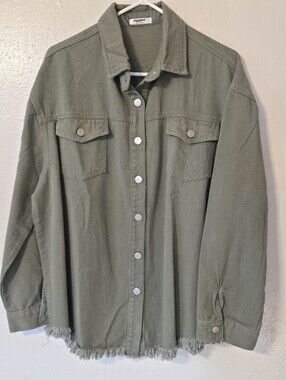 Zeagoo NWT Olive Green Oversized Denim Shacket Frayed Raw Hem Size L